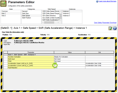 Parameters Editor with Acceleration Lower Limit setting circled